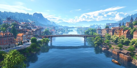 Obraz premium Picturesque riverside town with bridge and mountain backdrop scenery