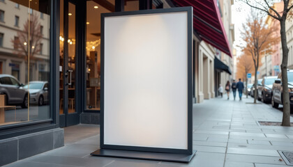 Vertical banner mockup. Vertical banner mockup standing outside modern cafe at sunset