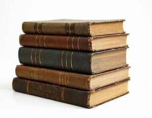 Stack of old books. Antique hardcover books with yellowed pages, gold lettering, brown leather covers. Vintage library collection for education, history, reading, learning, literature background.