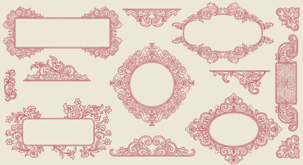 Collection of ornate frames and design elements in a delicate pink hue.