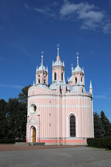 Saint Petersburg, Russia, August 21, 2024: The pink and white walls of the Chesme Church (Church of the Nativity of John the Baptist)
