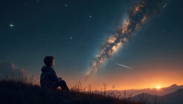 Young boy gazing at night sky filled with stars, Milky Way. Child exploring cosmos, learning about universe, planets. Boy dreaming of astronomy, space exploration. Concept of childhood dreams,