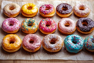 Colorful Assortment of Mini Donuts with Pastel Glazes on Parchment