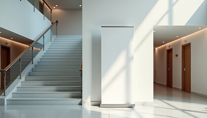 Vertical banner mockup. Vertical banner mockup in modern building interior with staircase