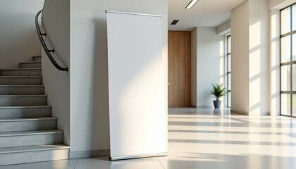 Vertical banner mockup. Vertical banner mockup in modern building interior with staircase
