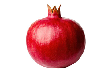 Vibrant whole pomegranate fruit with glossy red skin on black background, cut out