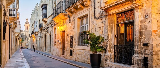 Fototapeta premium Picturesque street view of Valletta, Malta with historical buildings and warm lighting