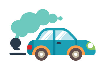 Cartoon Blue Car Flat Design Emitting Teal Smoke on White Background