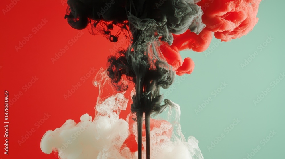 Poster abstract background with red ink dissolving into black smoke, fluid and dynamic composition