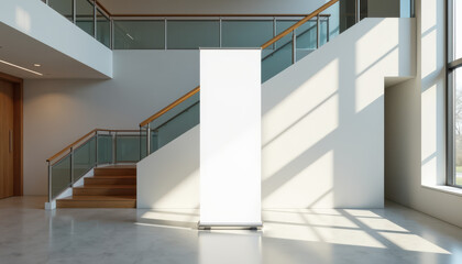 Vertical banner mockup. Blank roll up banner mockup in spacious lobby with sunlight