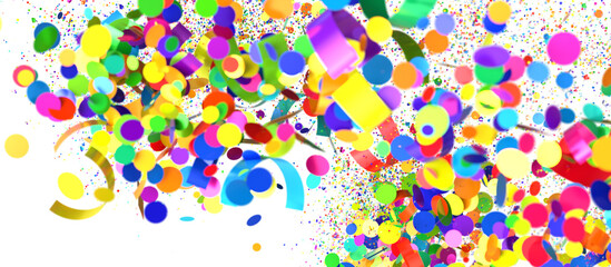 A burst of colorful confetti and ribbons falling on a white background. Perfect for celebrating special occasions.