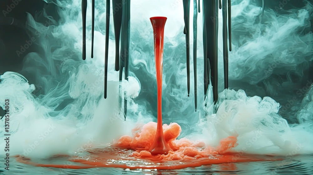 Poster abstract background with red ink dissolving into black smoke, fluid and dynamic composition