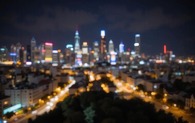 Fototapeta premium A city skyline at night with bokeh lights in the foreground