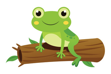 Fototapeta premium Cartoon Green Frog Sitting On a Log with Leaves on a White Background
