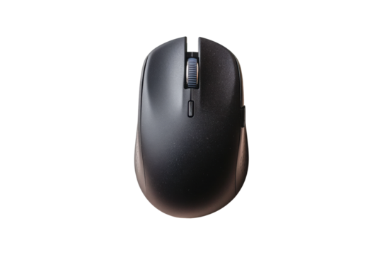 Ergonomic black wireless computer mouse on black background, cut out