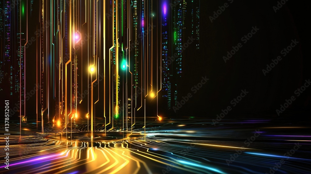 Poster abstract innovation-themed background with floating holographic tech elements and big data