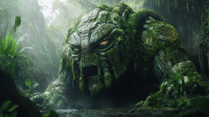 Ancient stone structure covered in greenery stands in a dense jungle during midday sunlight