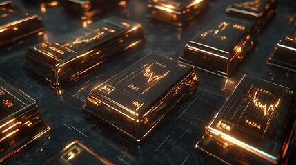 Gold bars displaying financial graph investment market 3d render luxurious environment close-up view