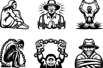 Person with visible chains and crime iconic isolated line art vector, person with visible chains and crime iconic silhouette vector illustration design