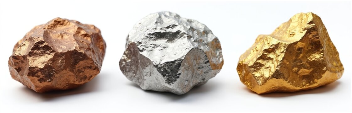 Gold silver bronze nugget on white. Precious metals, currency symbol, wealth concept. Business investment, financial success, achievement, prize. Gemstone, luxury, reward, metal, success symbol.