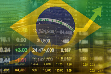Brazil flag with stock market finance, economy trend graph digital technology.