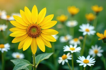 Fototapeta premium One bright yellow sunflower among white daisies, graphic, element, bloom