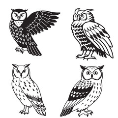 set vector various owl, owl sitting on a tree branch silhouettes