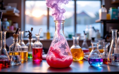 A vibrant laboratory scene with colorful liquids and swirling smoke emanating from a flask