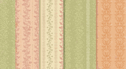 Elegant floral damask patterns in soft pastel colors.