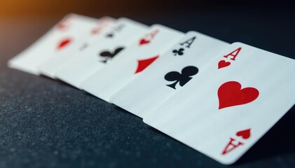 Playing cards arranged in an ace high sequence , spades, close up