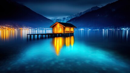 Cozy cabin on a tranquil lake at night, with mountain backdrop and water reflection