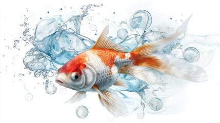 Abstract watercolor rendering of a goldfish in motion, surrounded by soft, airy bubbles