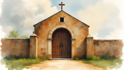 Fototapeta premium Rustic Stone Chapel with Wooden Doors and a Cross Under a Cloudy Sky, Old World Architecture, Religious Building, Serene and Historic Scene.