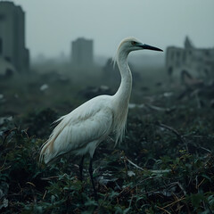 Fototapeta premium A white egret stands amidst vegetation with a hazy, urban backdrop in the distance.