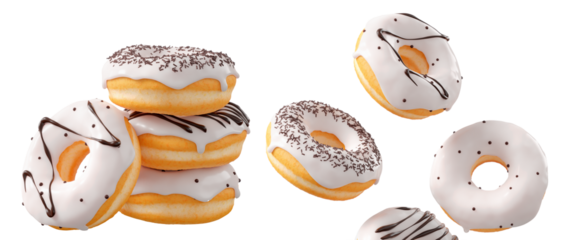 Donuts with white chocolate glaze, sprinkles, white drizzle, and dots isolated on white transparent background. 3d rendering and illustration of dessert variety