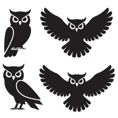 set vector various owl, owl sitting on a tree branch silhouettes
