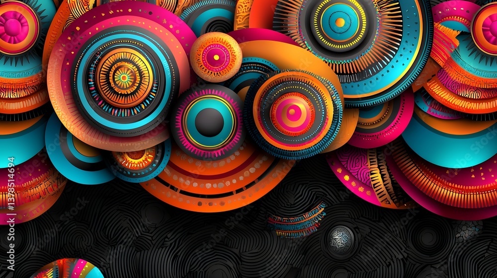 Poster colorful abstract geometric pattern with overlapping circles and dark background