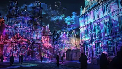 Nighttime cityscape transformed by vibrant, colorful projections on historic buildings, creating a magical, dreamlike atmosphere - Powered by Adobe