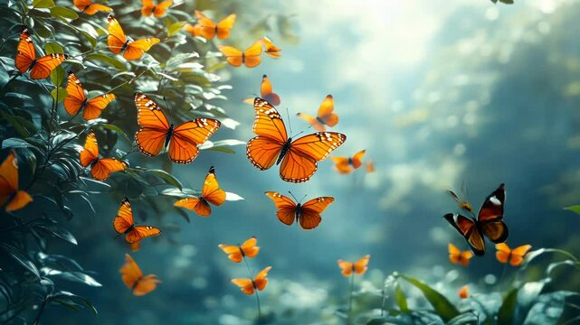 Many orange butterflies flitting through a lush, misty forest