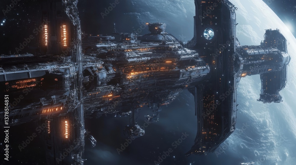 Poster spaceship docks at a distant planet with glowing lights amid dark space in a futuristic setting