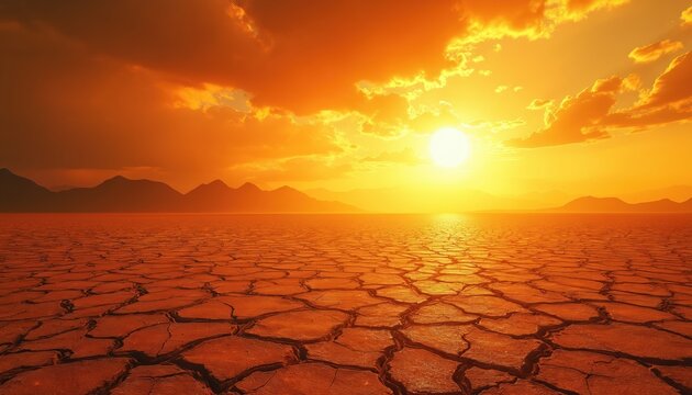 Dramatic sunset over cracked earth. Extreme heat waves affect desert landscape. Global warming, climate change concept. Environment, drought, heat, disaster, dry land. Rising temperature, global