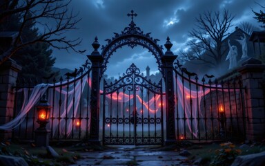 A misty, eerie graveyard gate adorned with draped fabric and glowing lanterns under a dark sky