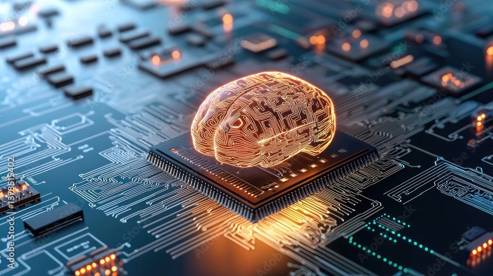 Poster blue cyber background with interconnected circuits, representing digital networking and ai