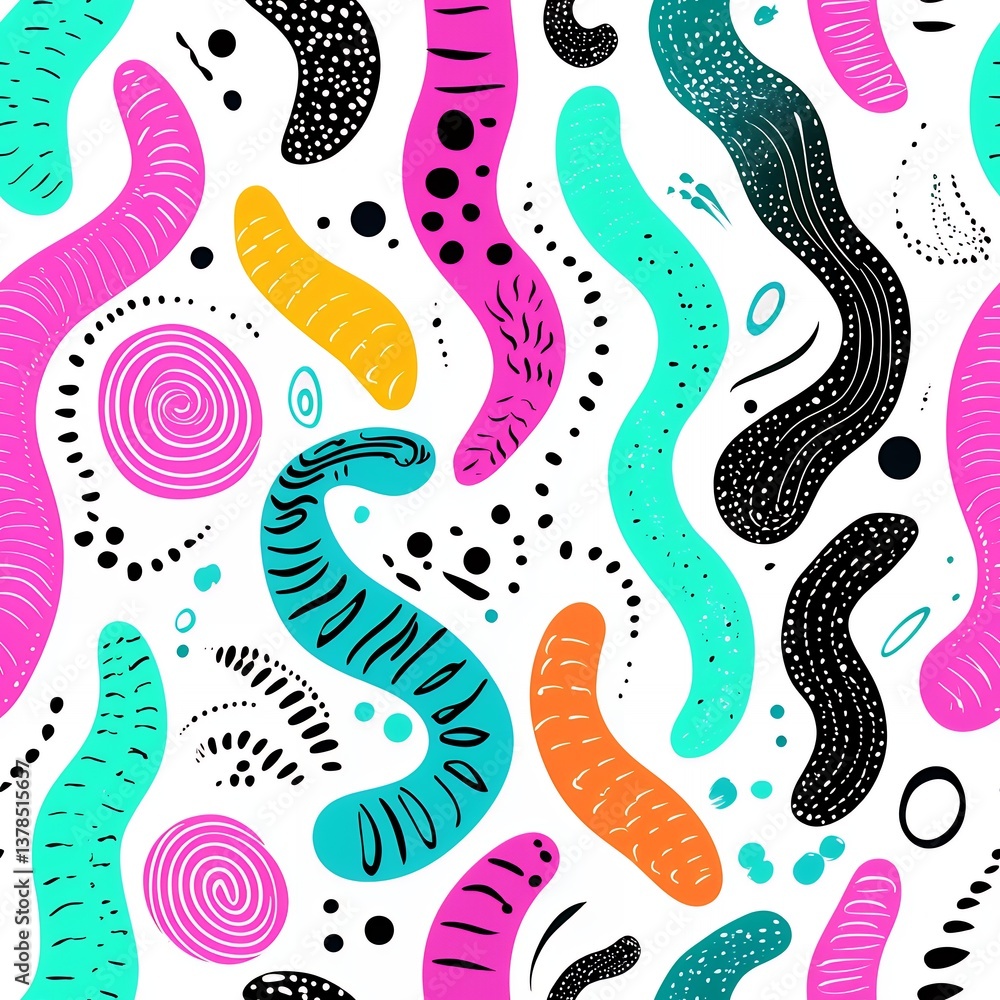 Poster colorful abstract seamless pattern with wavy lines and dots