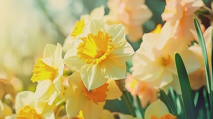 Obraz premium Vintage film effect daffodils with retro blur and shallow depth of field, soft pastel yellow and green tones under warm sunlight. Dreamy spring garden concept for analog-inspired editorial layouts or 
