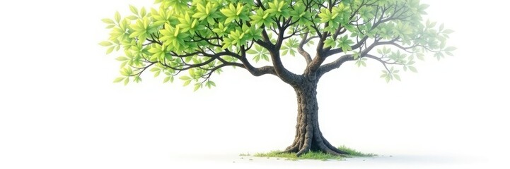 Fototapeta premium Single tree trunk isolated on a white background, branch, foliage, solitary