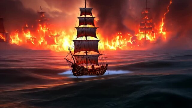 A lone ship sails through a fiery sea of burning vessels