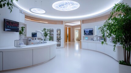 Computerized lab with holographic DNA structures and medical research screens