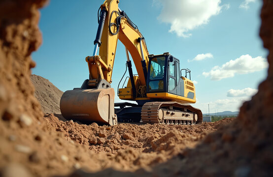Powerful yellow excavator digging earth, construction site under blue sky. Heavy equipment building, industrial machines working on earthmoving project. Construction, excavation, engineering