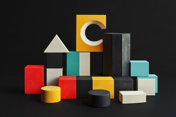 Obraz premium Geometric blocks on black background, 3D render. AI generated illustration.
